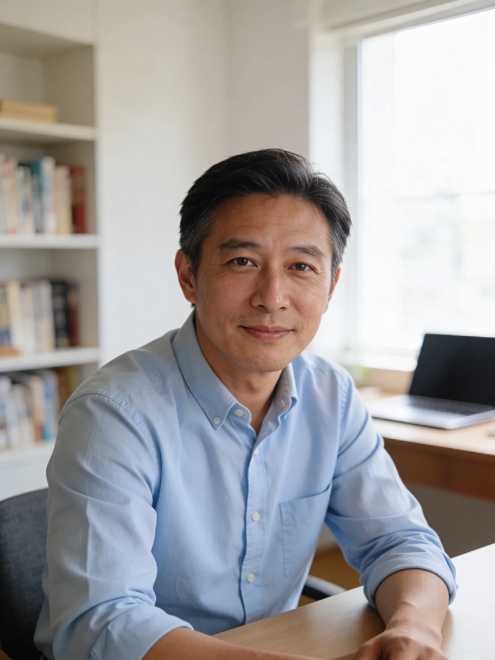 East Asian man at home office desk, natural LinkedIn-style headshot
