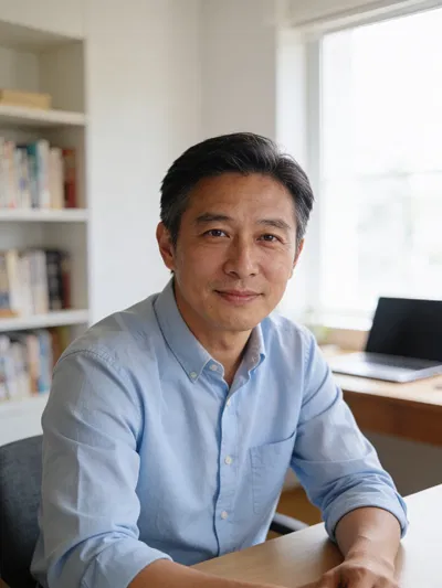 East Asian man at home office desk, natural LinkedIn-style headshot
