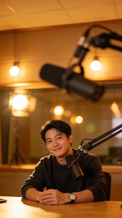 East Asian man at podcast desk half-body personal brand photo