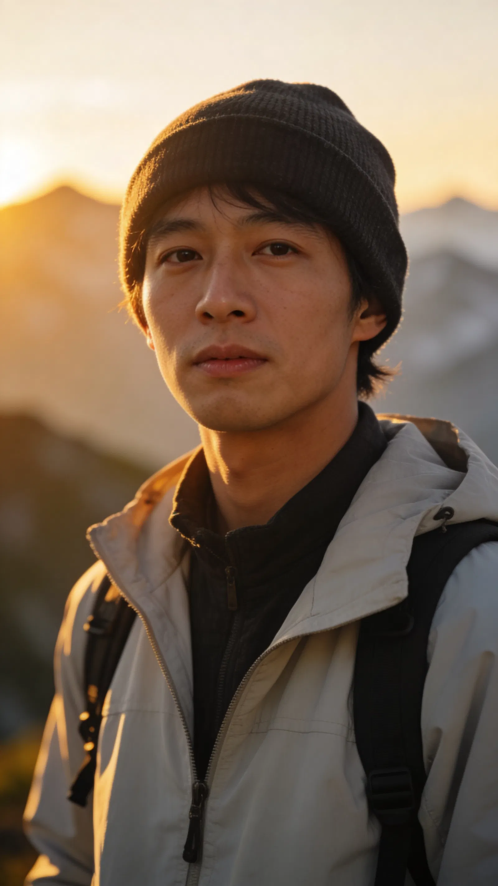 East Asian man at sunrise with mountains, travel creator head-and-shoulders portrait.