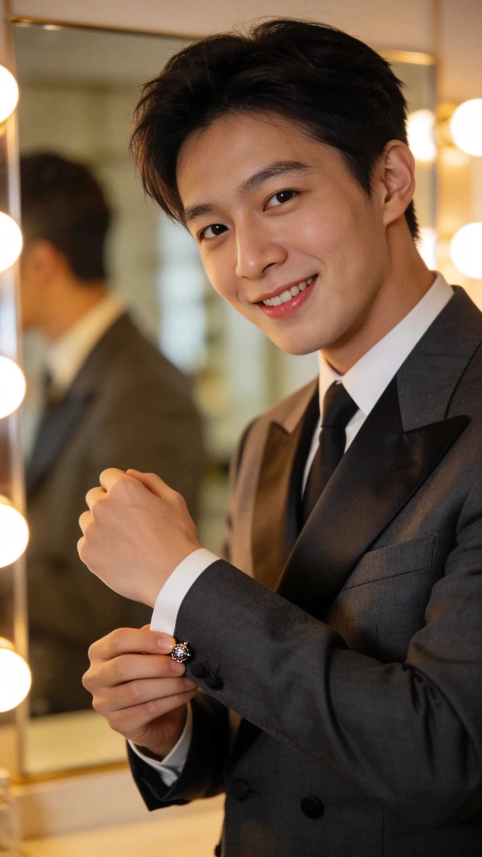 East Asian man backstage adjusting cufflinks in editorial portrait