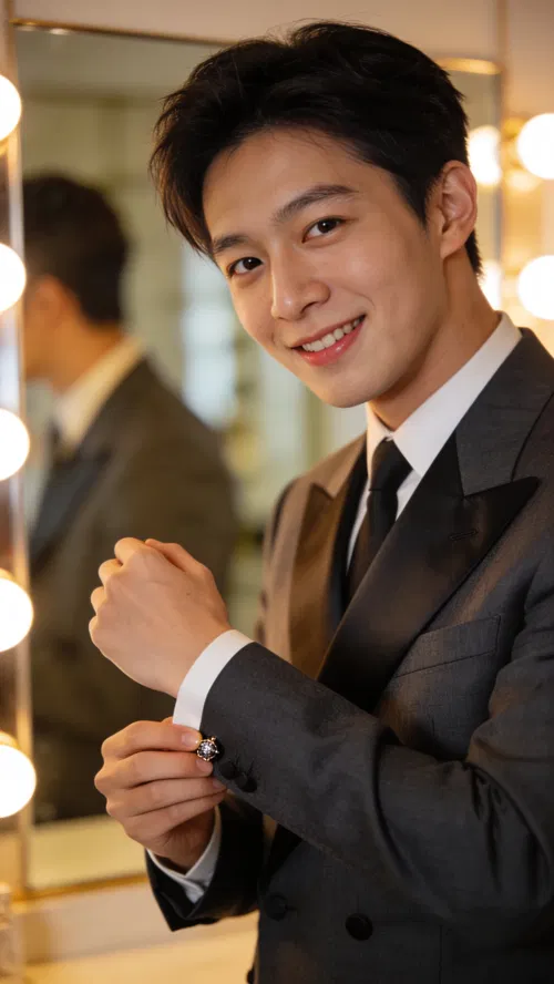 East Asian man backstage adjusting cufflinks in editorial portrait