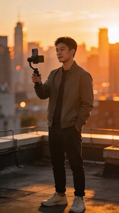 East Asian man capturing rooftop B-roll for Instagram content at sunset