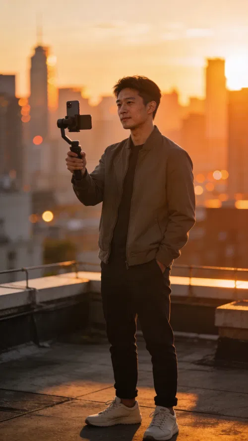 East Asian man capturing rooftop B-roll for Instagram content at sunset