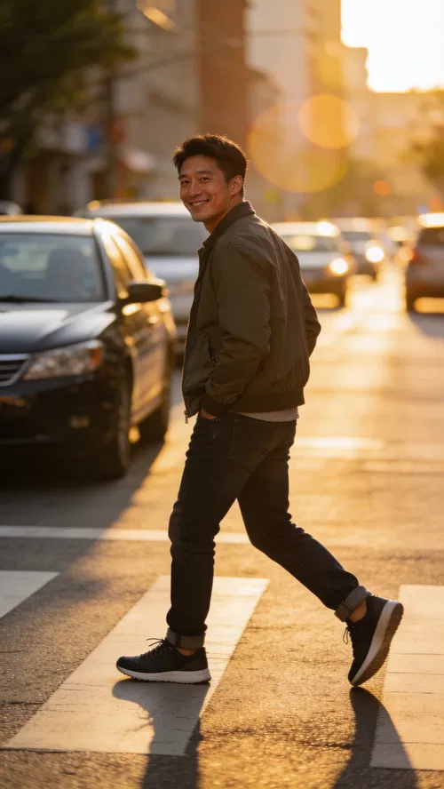East Asian man crossing street at sunset, candid full-body dating profile photo.