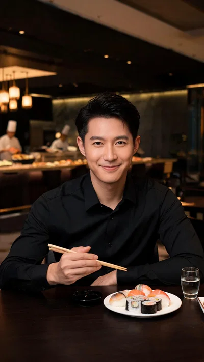 East Asian man dining portrait at upscale Dubai restaurant with warm cinematic lighting