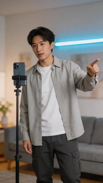 East Asian man filming a stitch response in modern apartment living room