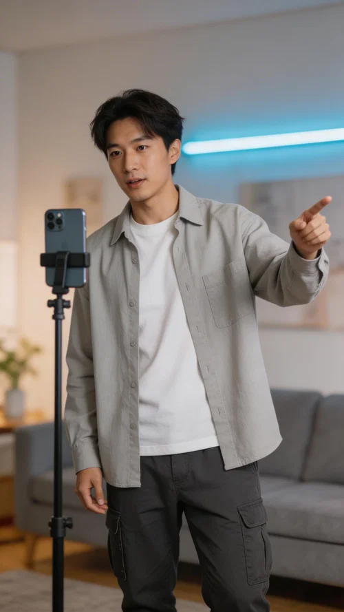 East Asian man filming a stitch response in modern apartment living room