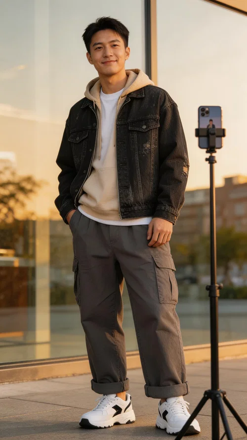 East Asian man filming fit-check street style beside reflective wall with tripod