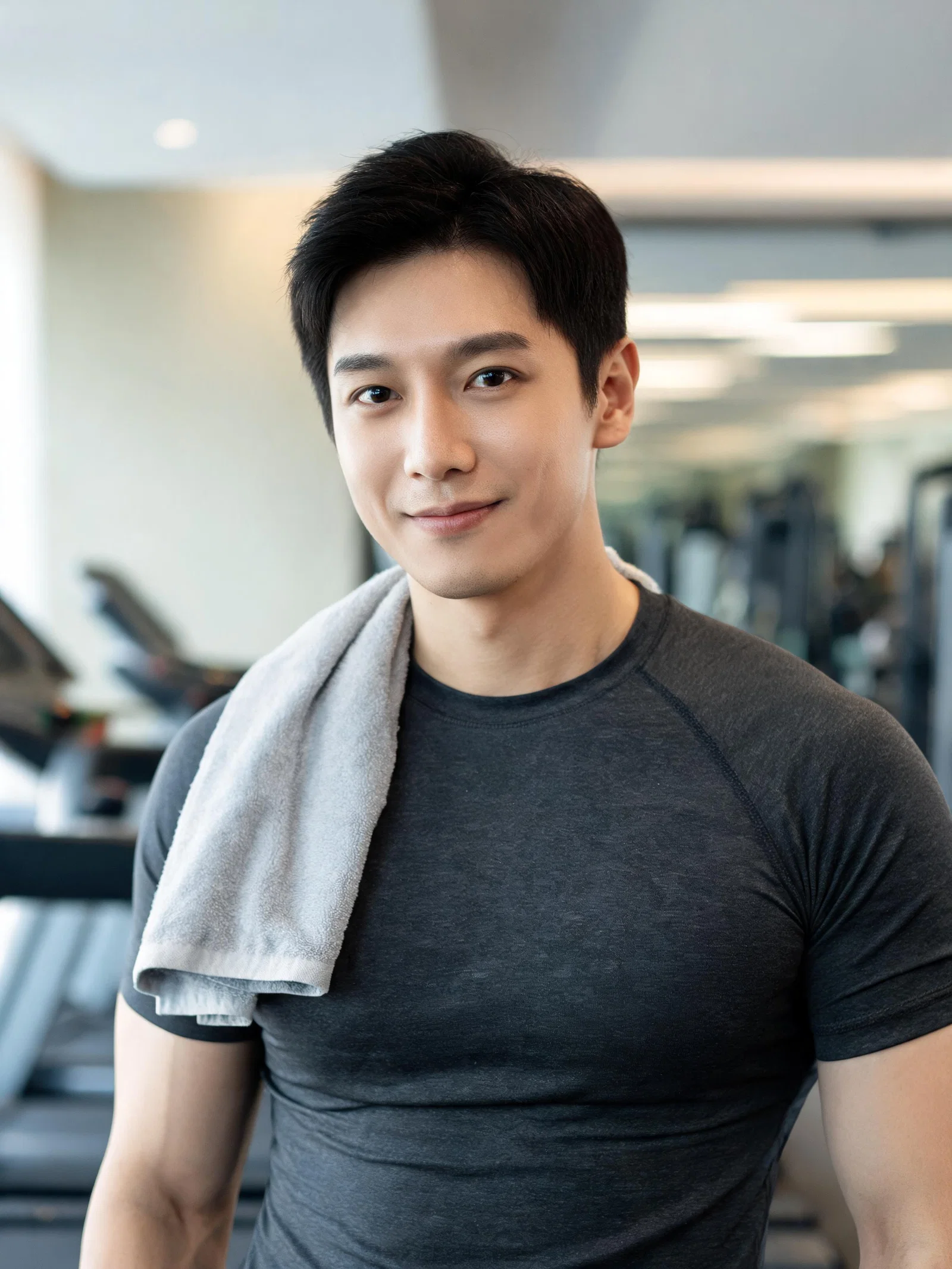 East Asian man in gym portrait with confident relaxed expression, fitness looksmaxxing theme