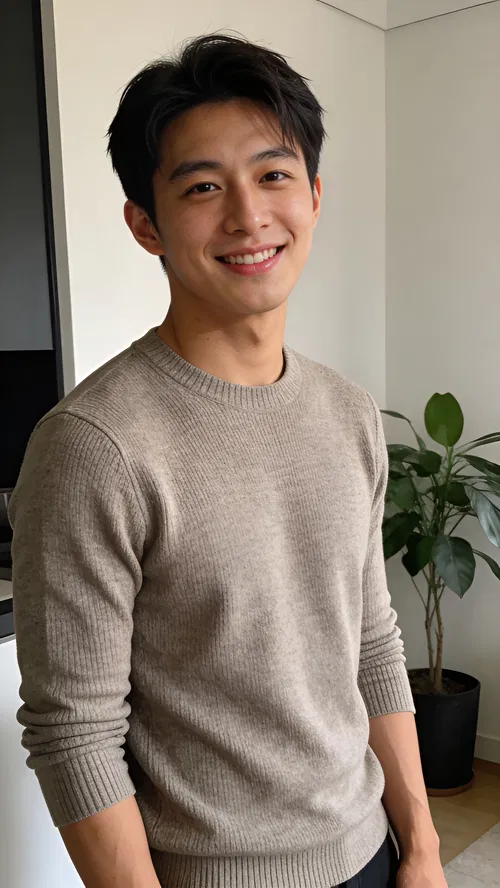 East Asian man in minimalist apartment, friendly 3/4 body dating profile photo.