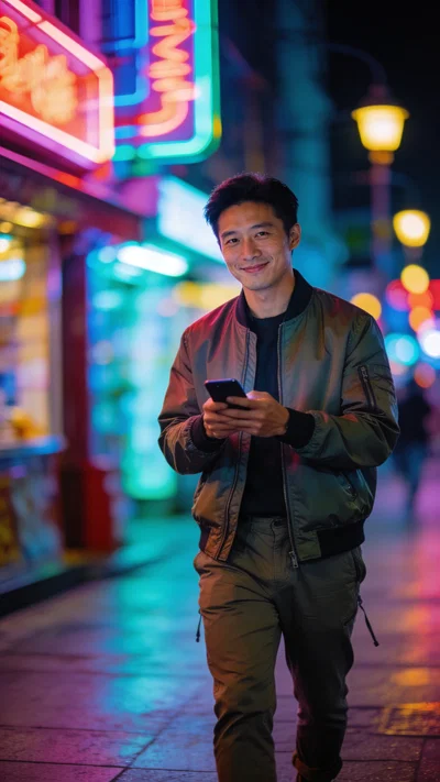 East Asian man in neon street at night, cinematic travel content photo.