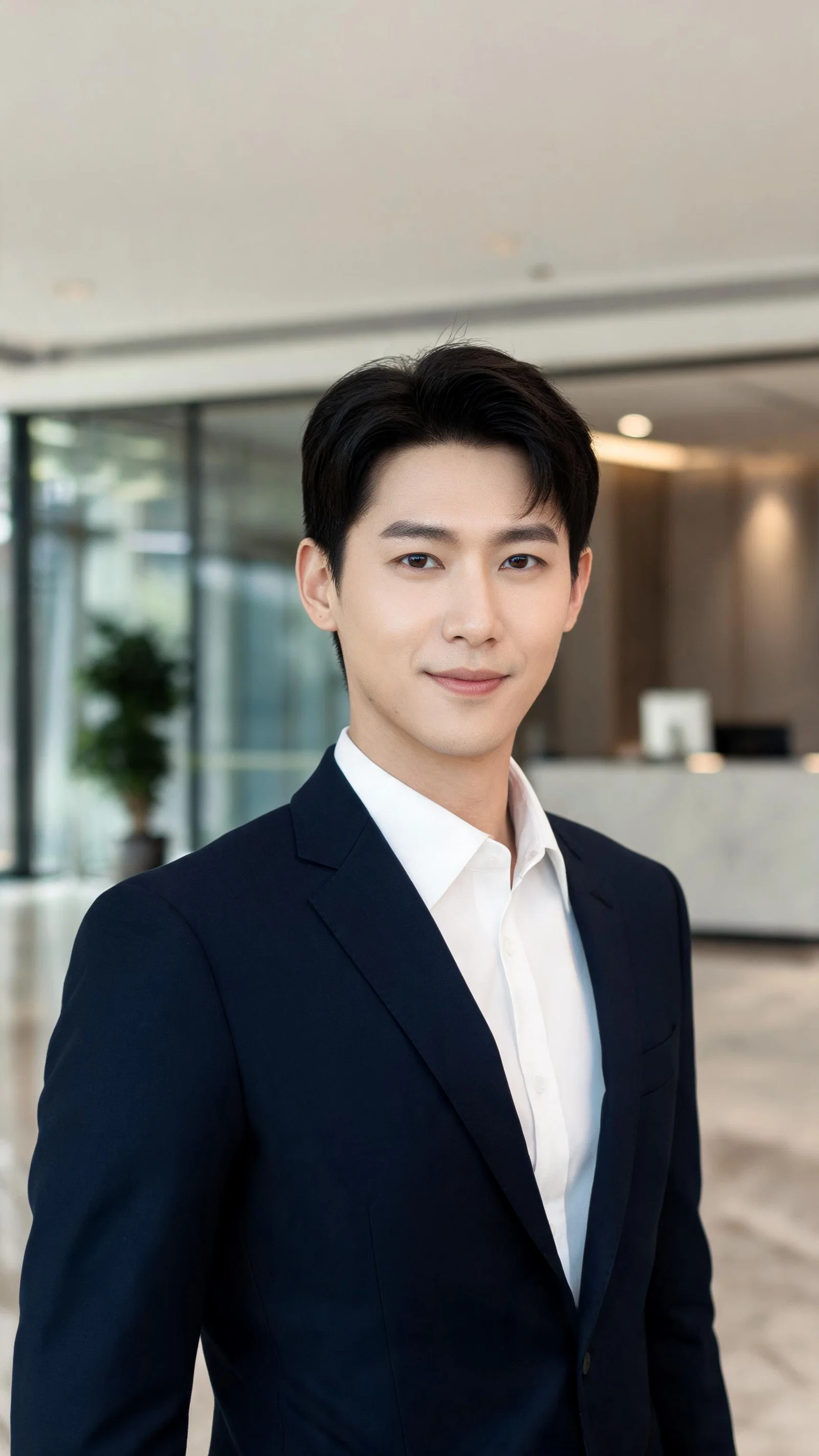 East Asian man in office lobby, polished professional looksmaxxing profile portrait