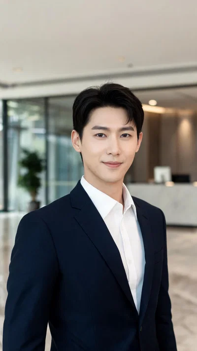 East Asian man in office lobby, polished professional looksmaxxing profile portrait