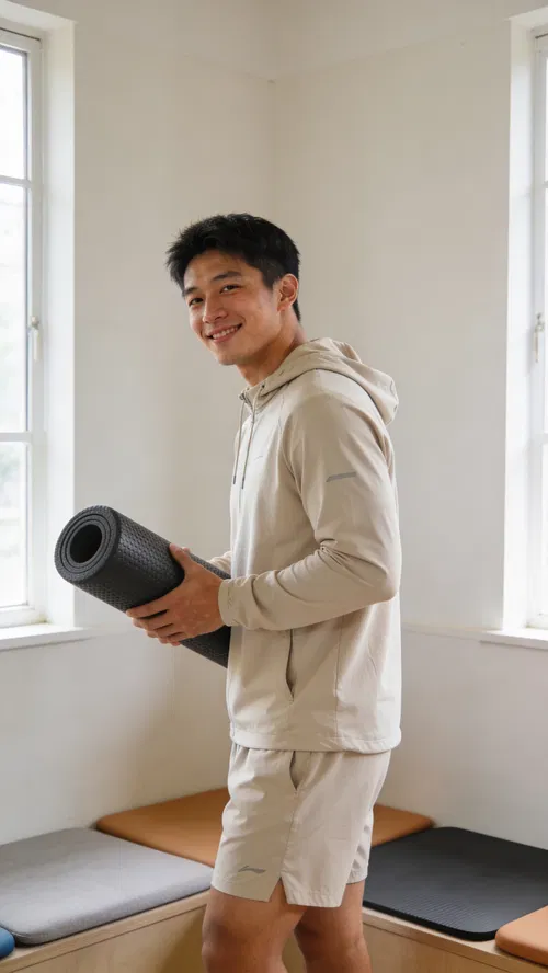 East Asian man in recovery area for fitness profile photos