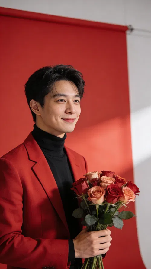 East Asian man in red blazer holding roses on clean red studio background.