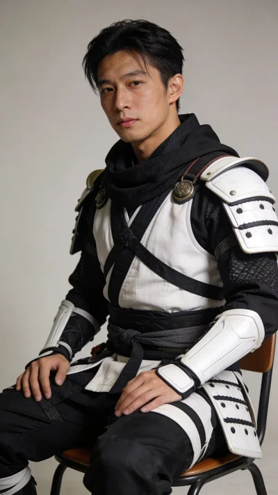 East Asian man in samurai street cosplay, studio seated three-quarter portrait