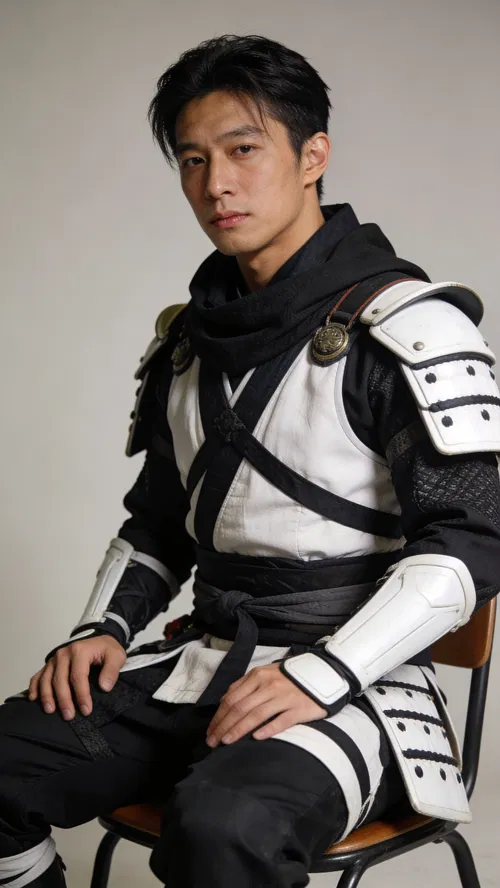 East Asian man in samurai street cosplay, studio seated three-quarter portrait