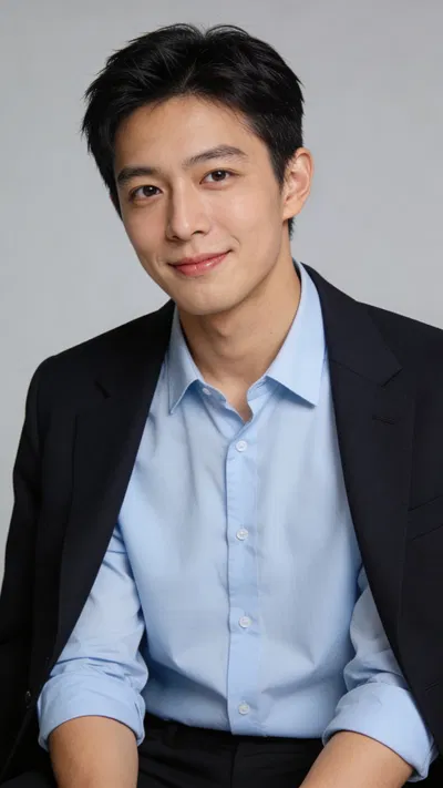 East Asian man in studio blazer headshot with clean slate background
