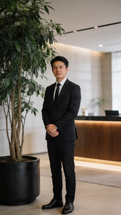 East Asian man in suit and tie in reception area professional portrait