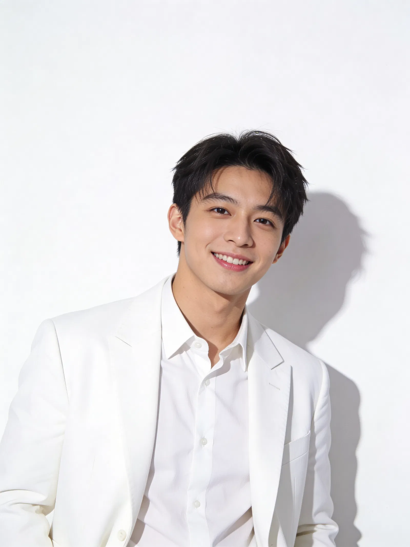 East Asian man in white studio with clean profile-ready glamour portrait lighting