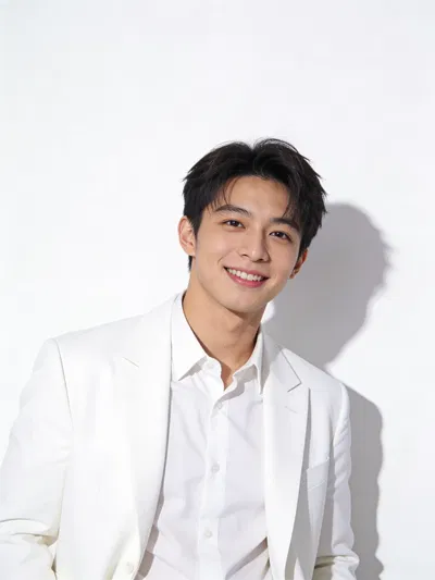 East Asian man in white studio with clean profile-ready glamour portrait lighting