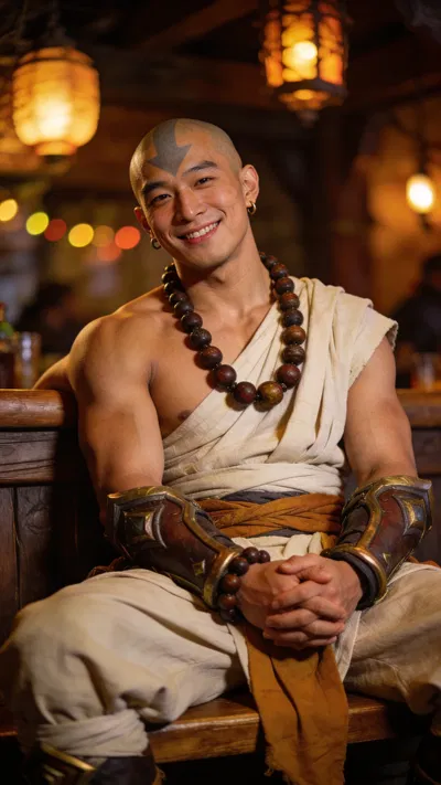 East Asian man monk cosplay in tavern interior, half-body portrait.