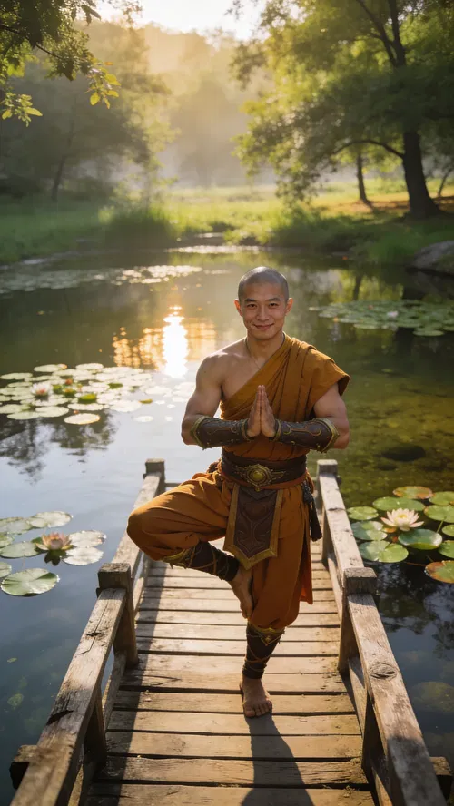 East Asian man monk cosplay on wooden bridge, full-body pose.