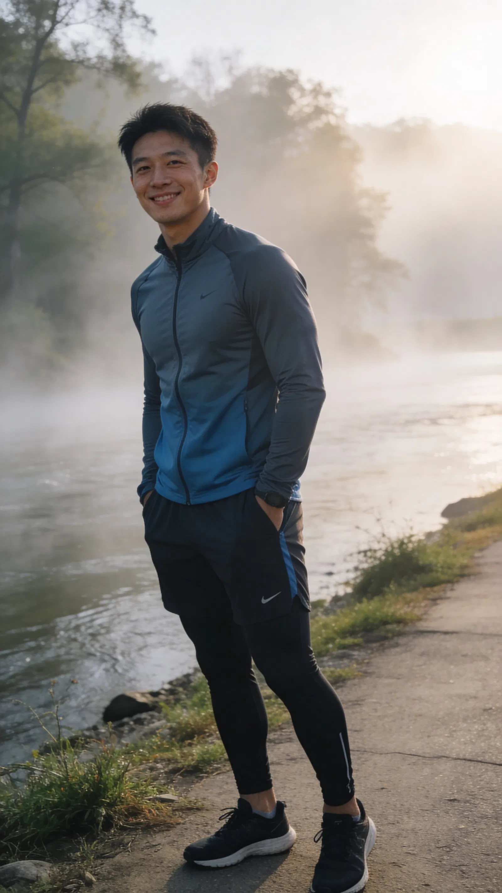 East Asian man on riverside path for fitness branding photos