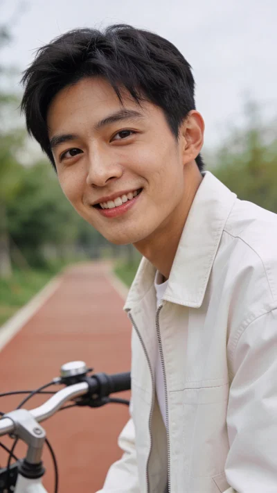 East Asian man outdoors near bike path, upbeat approachable profile portrait