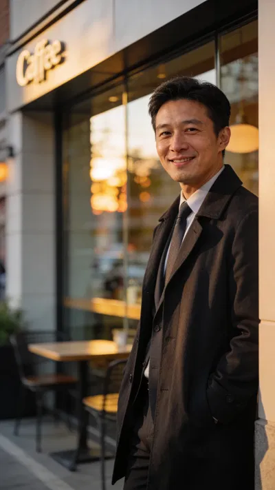 East Asian man outside modern café for approachable professional LinkedIn photo