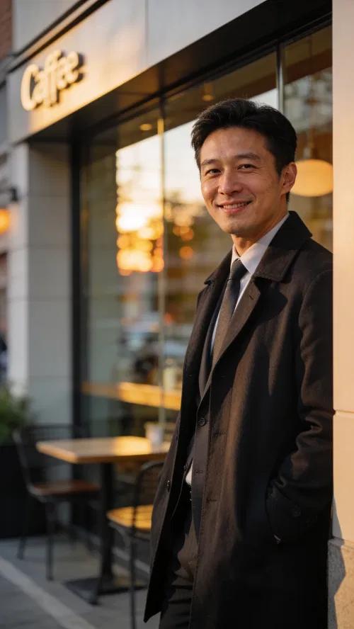 East Asian man outside modern café for approachable professional LinkedIn photo