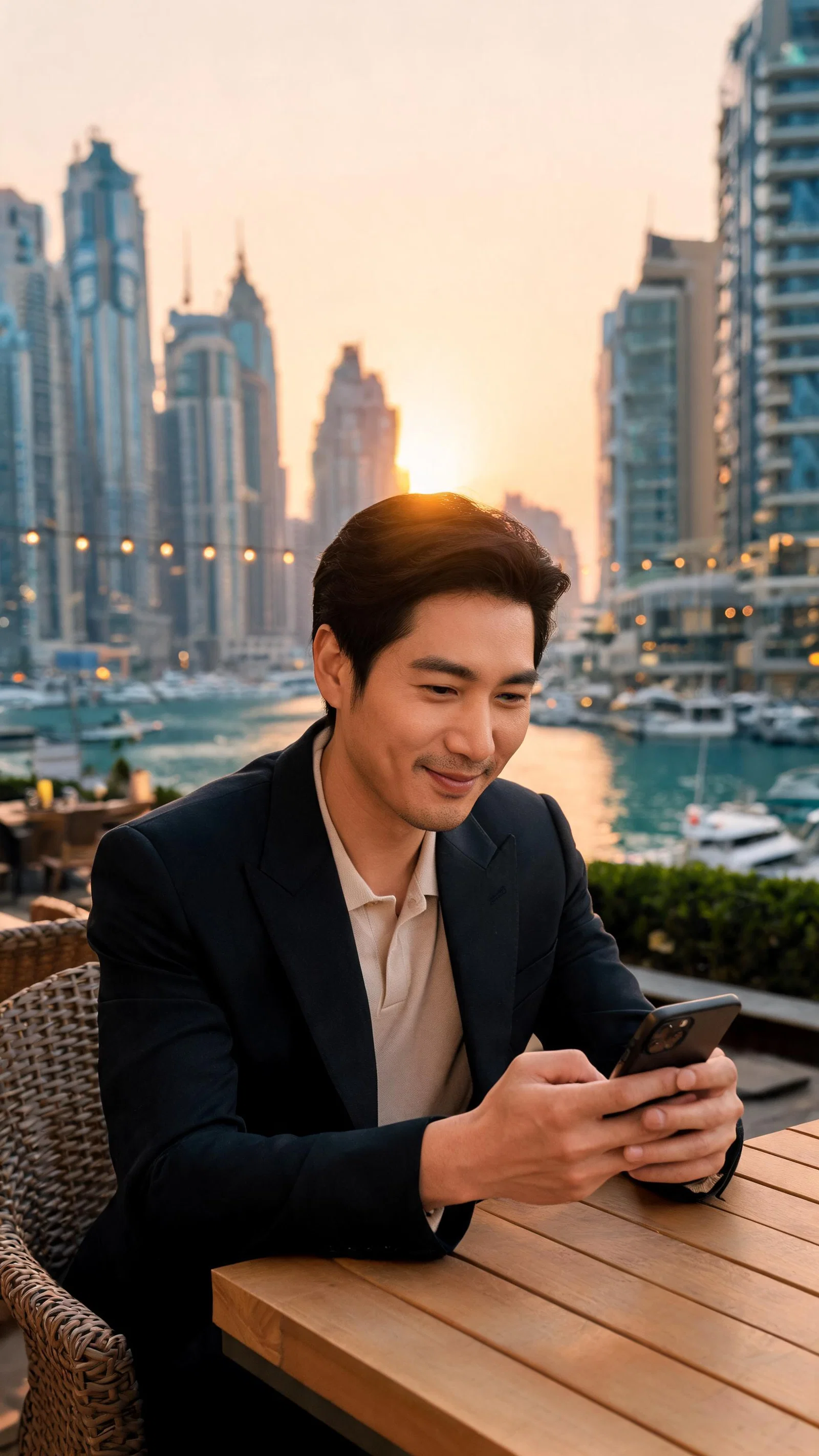 East Asian man seated at Dubai Marina restaurant in warm sunset light