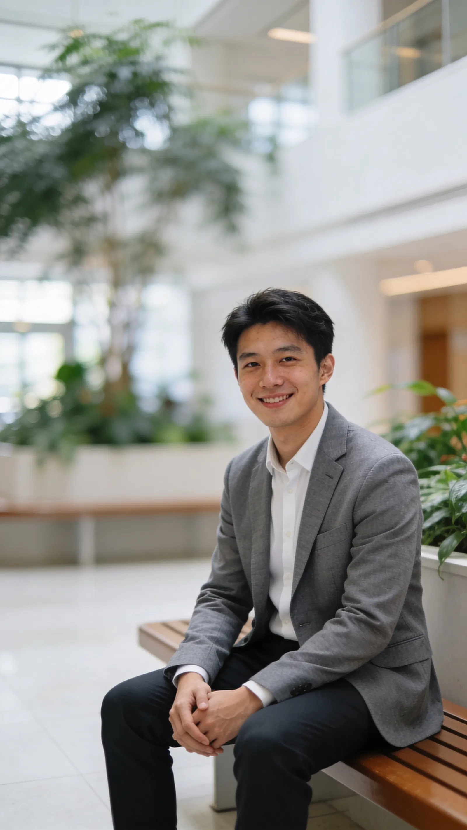 East Asian man seated in atrium with bright natural light CV portrait