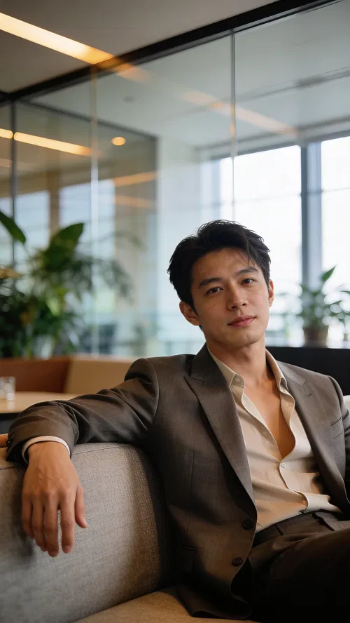 East Asian man seated in office lounge with soft window-lit glamour portrait