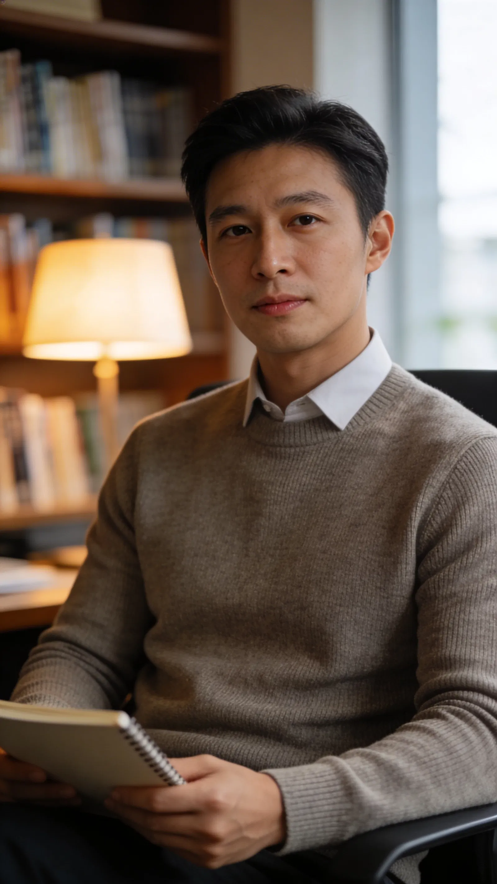 East Asian man seated in office portrait for personal branding photo