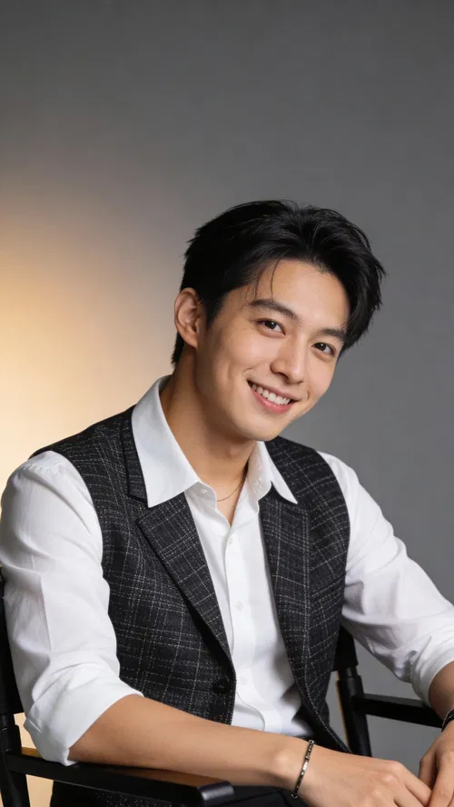 East Asian man seated in studio half-body editorial portrait