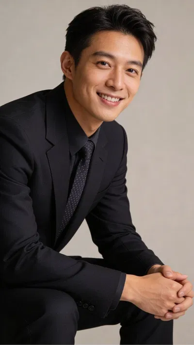East Asian man studio 3/4 portrait, crisp suit-and-tie professional headshot