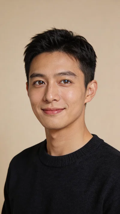 East Asian man studio headshot on beige background, calm smile