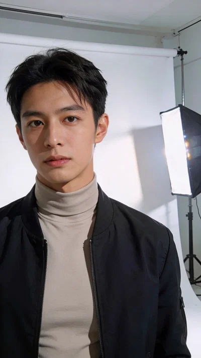 East Asian man studio portrait, polished look for Instagram bio headshot