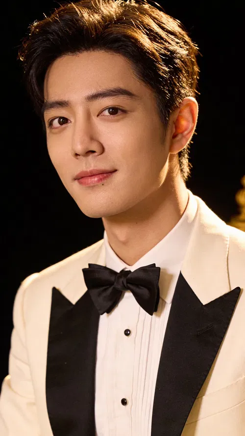 East Asian man tuxedo headshot with vintage high-contrast old Hollywood-style lighting