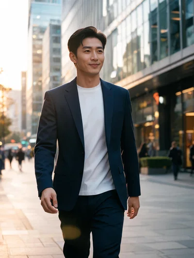 East Asian man walking in city golden hour, upgraded style and posture