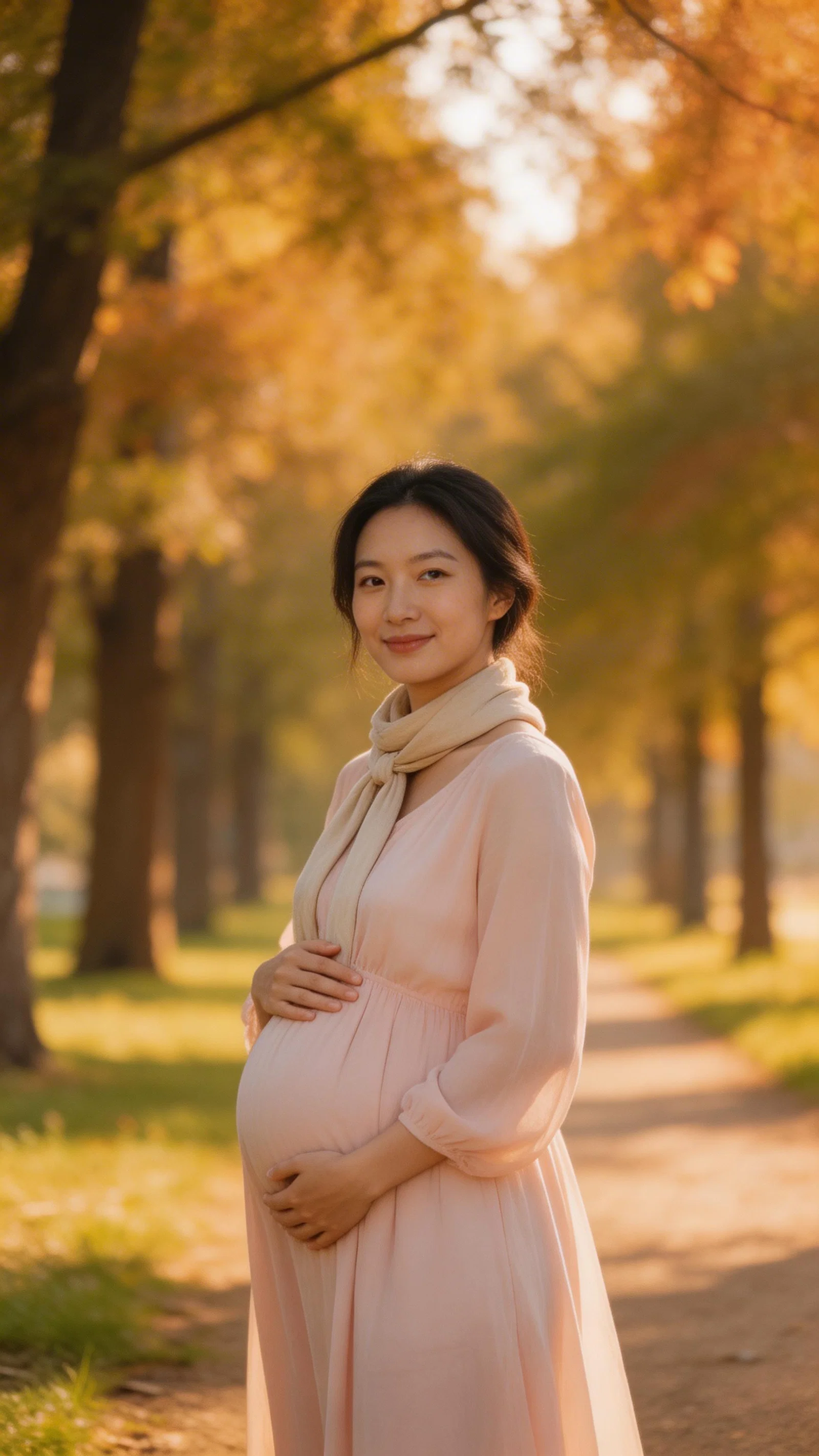 East Asian pregnant woman outdoors on a tree-lined path at golden hour