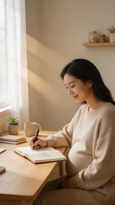 East Asian pregnant woman writing in a baby journal in a bright home office