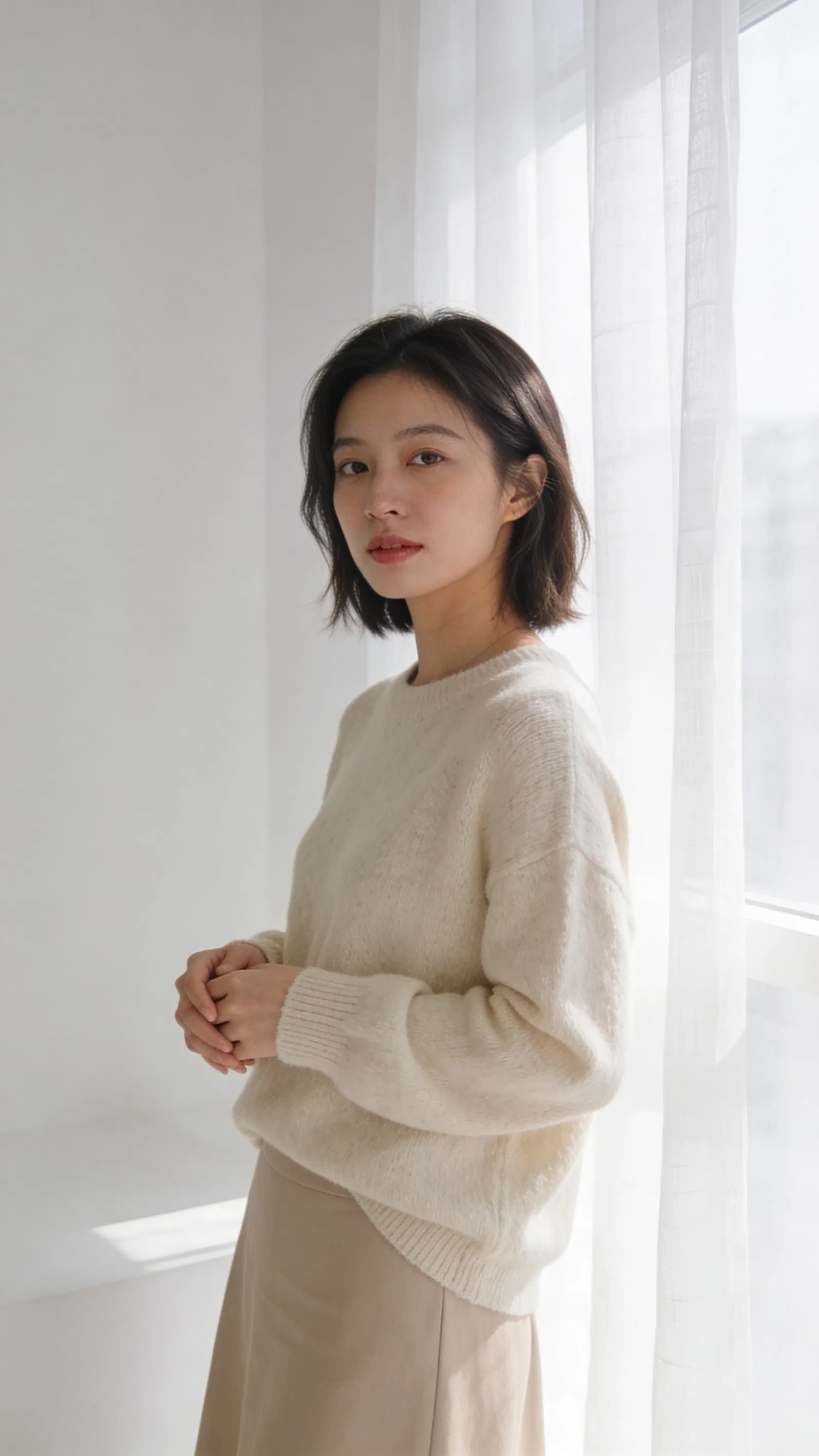 East Asian woman airy home portrait with window light and minimalist styling