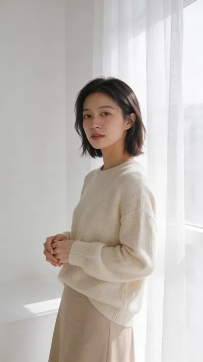 East Asian woman airy home portrait with window light and minimalist styling