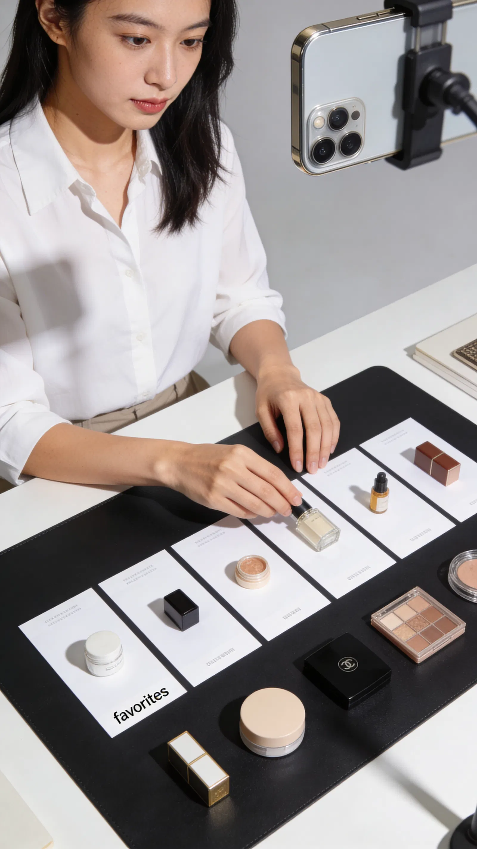 East Asian woman arranging favorites items for an Instagram carousel with overhead phone