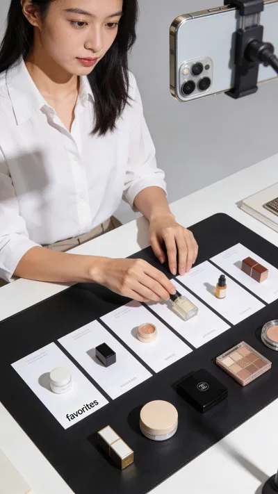 East Asian woman arranging favorites items for an Instagram carousel with overhead phone