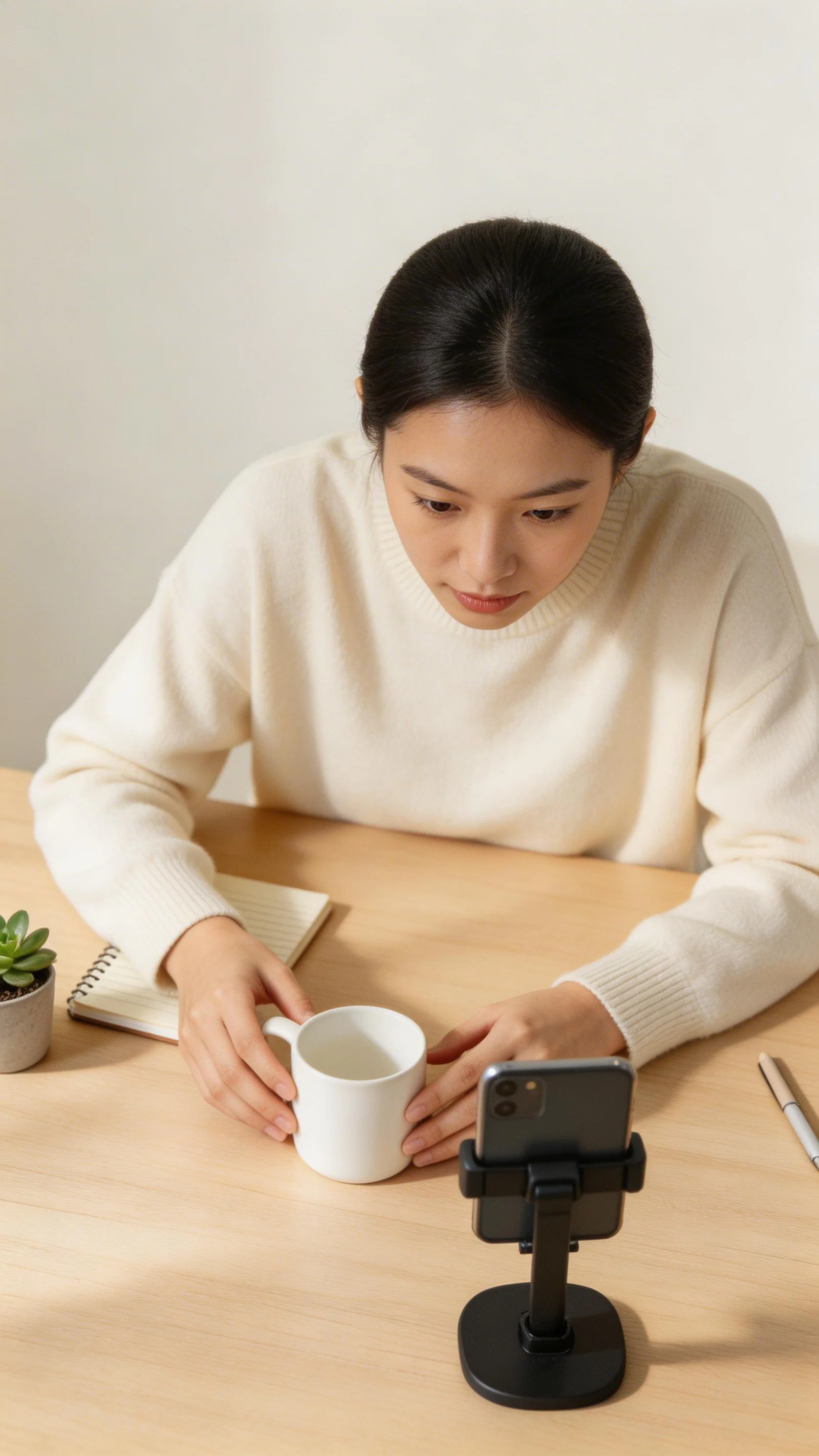 East Asian woman arranging top-down B-roll scene for TikTok voiceover