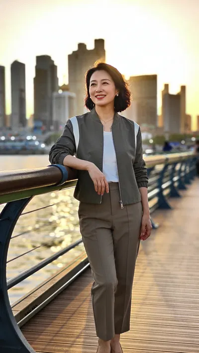 East Asian woman at waterfront railing portrait for branding photos